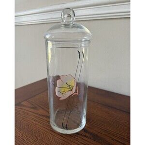 Pasabahce Turkey Clear Glass Apothecary Jar & Lid Pink Yellow Florals w/ Sticker